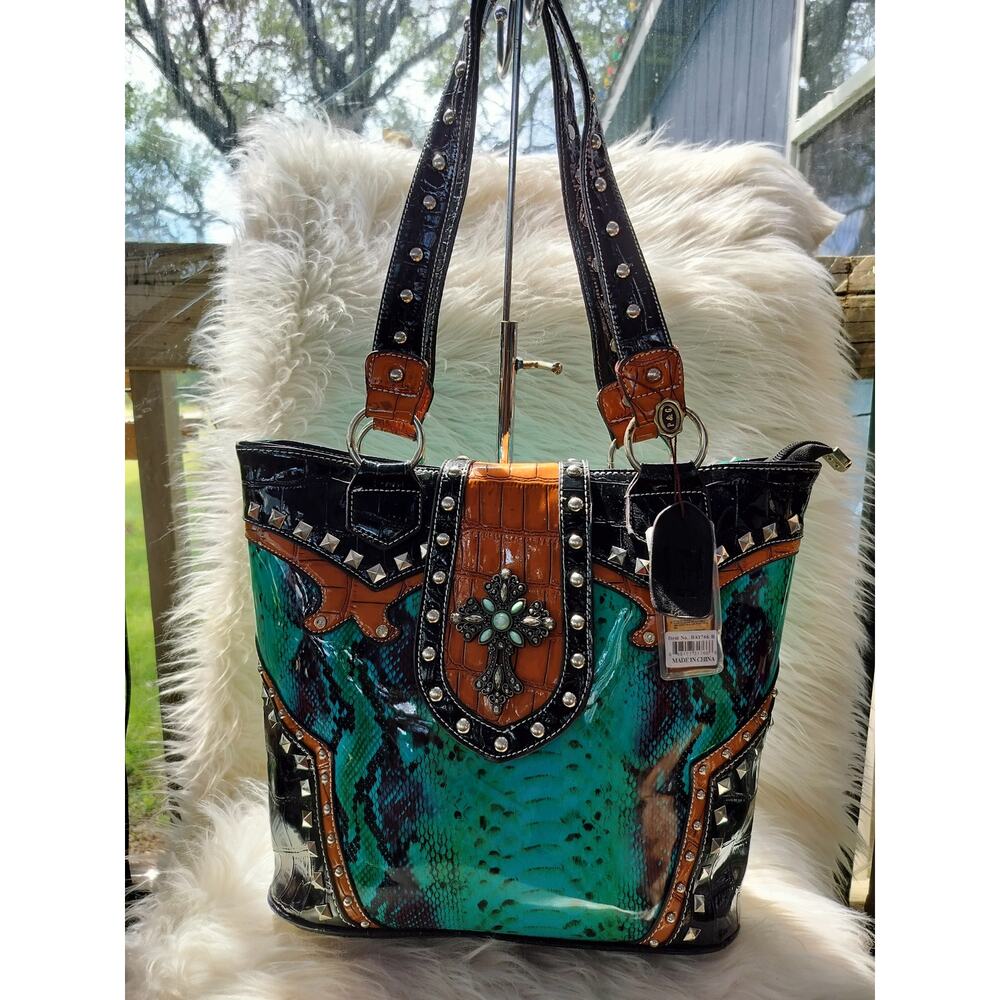 Turquoise Western-Style Shoulder Bag with Embellished Cross Accent